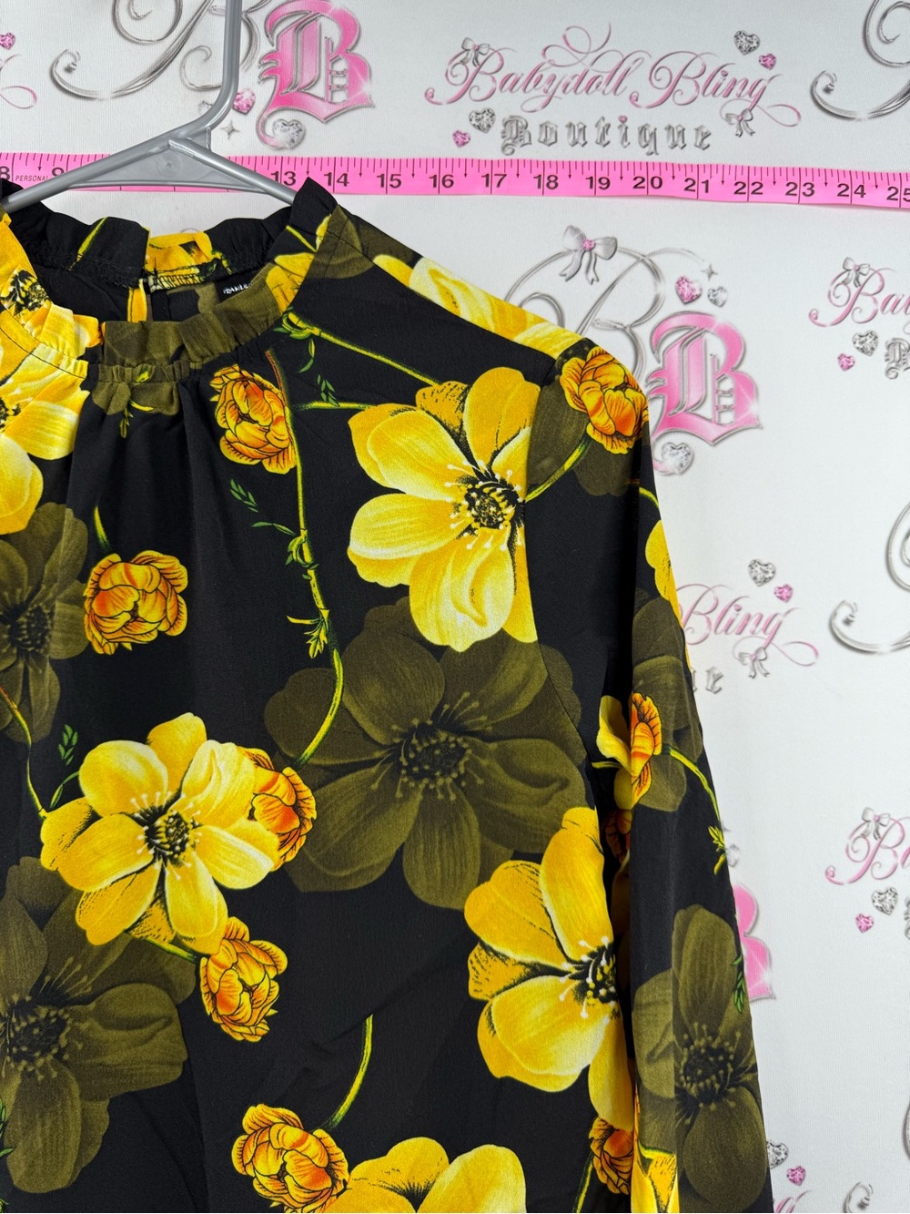 RANLEGE shirt blouse flowers ruffle Yellow Floral Long-Sleeve Blouse - Black - Picture 9 of 16